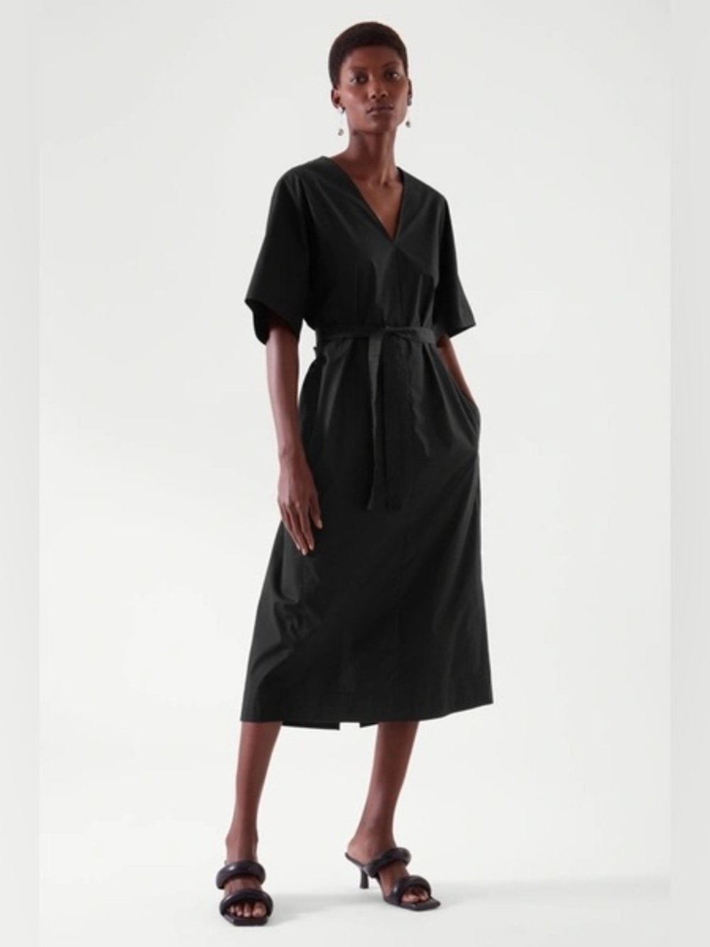 COS belted v neck midi poplin dress